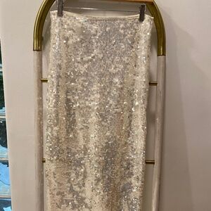 Zara White Pencil Midi Shimmering Sequin Fitted Party Skirt Slit Size XS